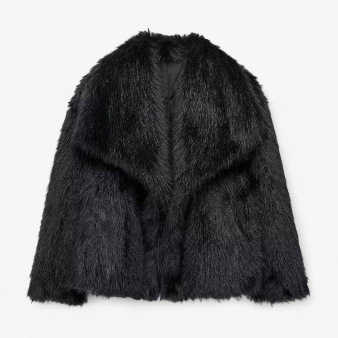 Dames Oversized Imitatiebont Winterjas met Gevoerde Binnenkant - Zwart