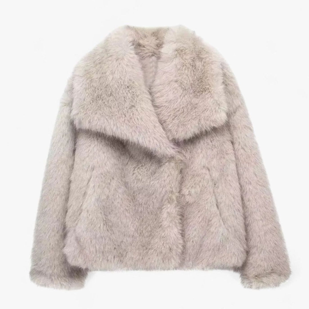 Dames Oversized Imitatiebont Winterjas met Gevoerde Binnenkant - Grijs