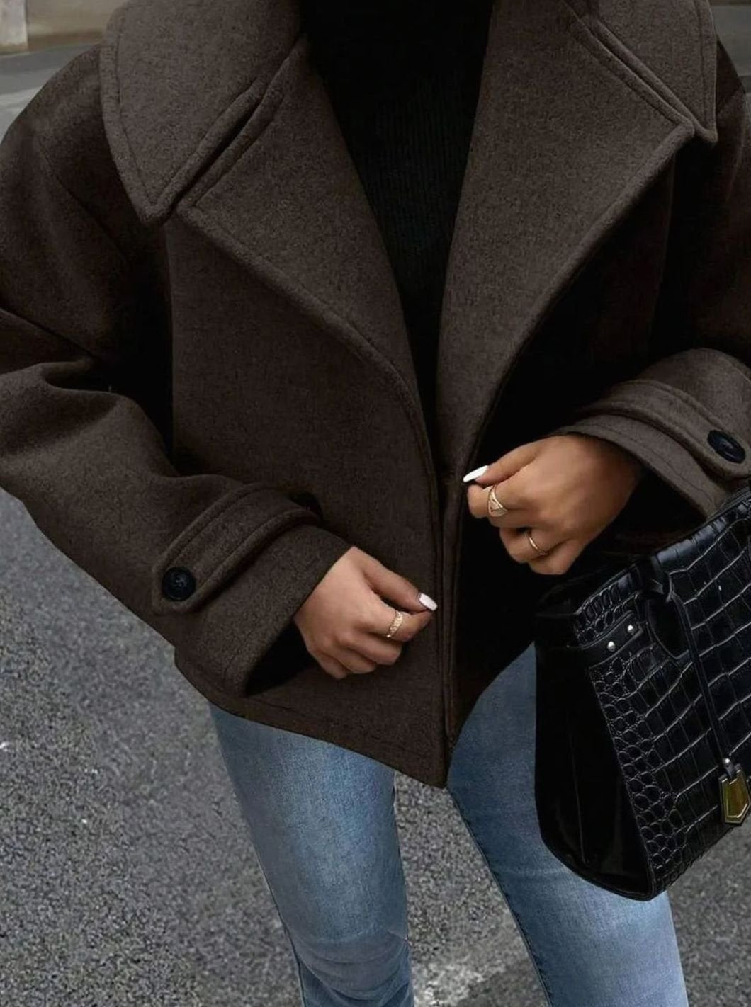 Dames Oversized Jas Brede Revers Double-Breasted Winterjas - Koffiebruin