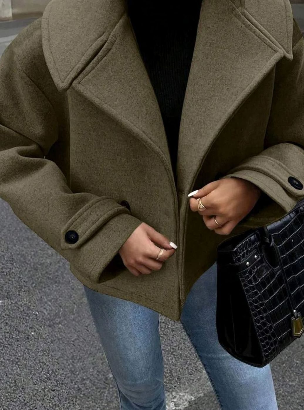 Dames Oversized Jas Brede Revers Double-Breasted Winterjas - Legergroen