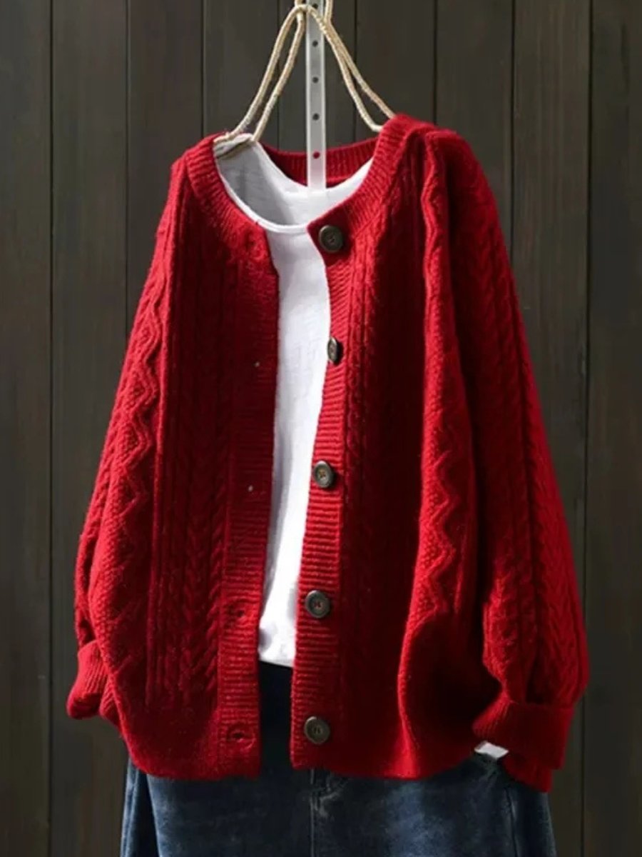 Dames Oversized Kabelgebreide Cardigan Knoop Vest - Red