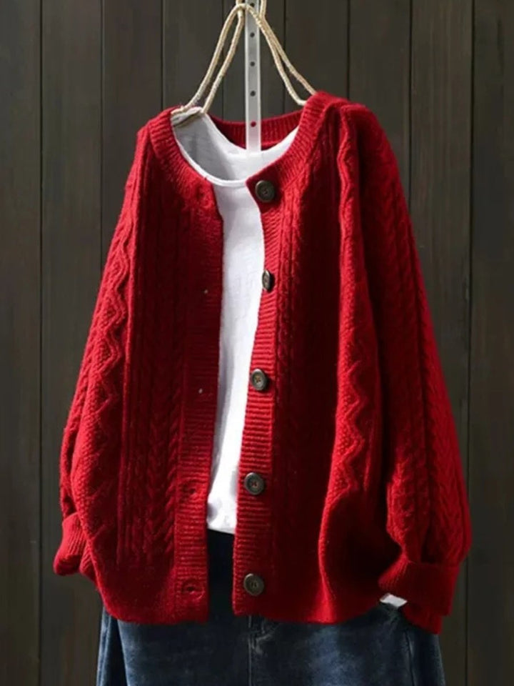 Dames Oversized Kabelgebreide Cardigan Knoop Vest - Red