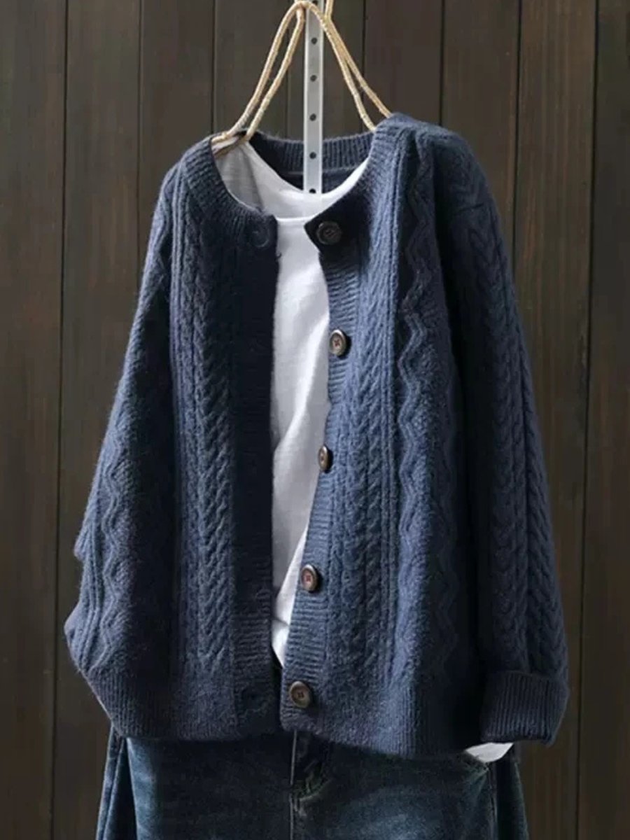 Dames Oversized Kabelgebreide Cardigan Knoop Vest - Navy Blue