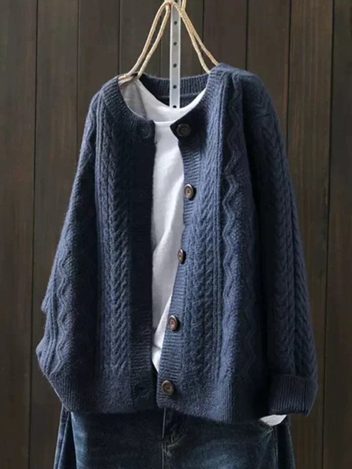 Dames Oversized Kabelgebreide Cardigan Knoop Vest - Navy Blue