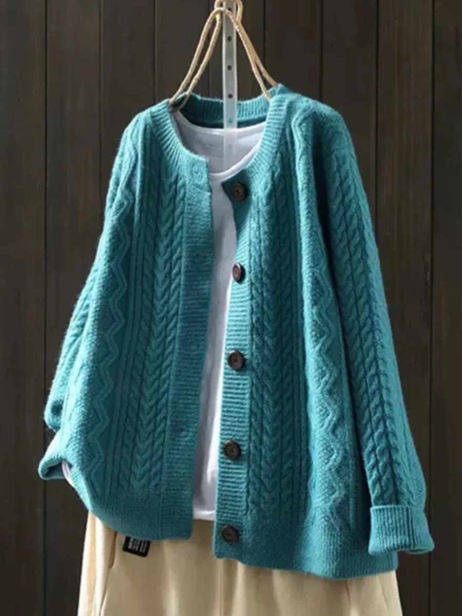 Dames Oversized Kabelgebreide Cardigan Knoop Vest - Blue