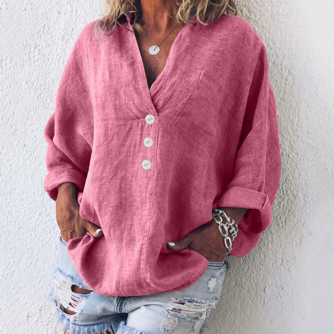 Dames Oversized Katoenen Linnen Blouse Sweater Women V-hals Knopen - Roze
