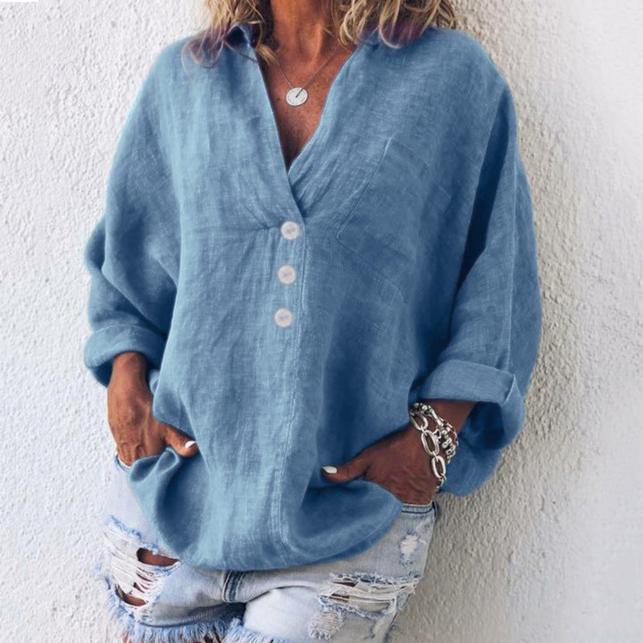 Dames Oversized Katoenen Linnen Blouse Sweater Women V-hals Knopen - Blauw