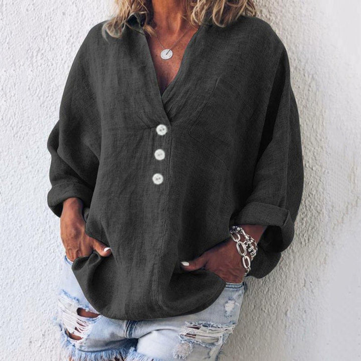 Dames Oversized Katoenen Linnen Blouse Sweater Women V-hals Knopen - Zwart