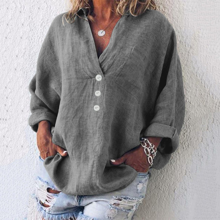Dames Oversized Katoenen Linnen Blouse Sweater Women V-hals Knopen - Grijs