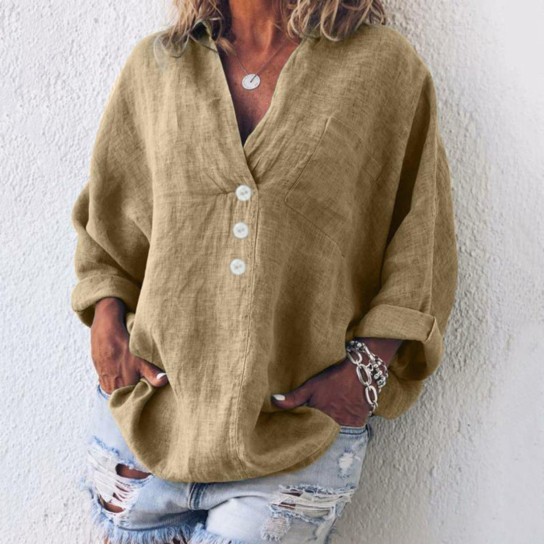 Dames Oversized Katoenen Linnen Blouse Sweater Women V-hals Knopen - Khaki