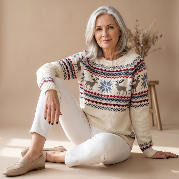 Dames Oversized Kersttrui met Rendier en Sneeuwvlok Patroon - Beige