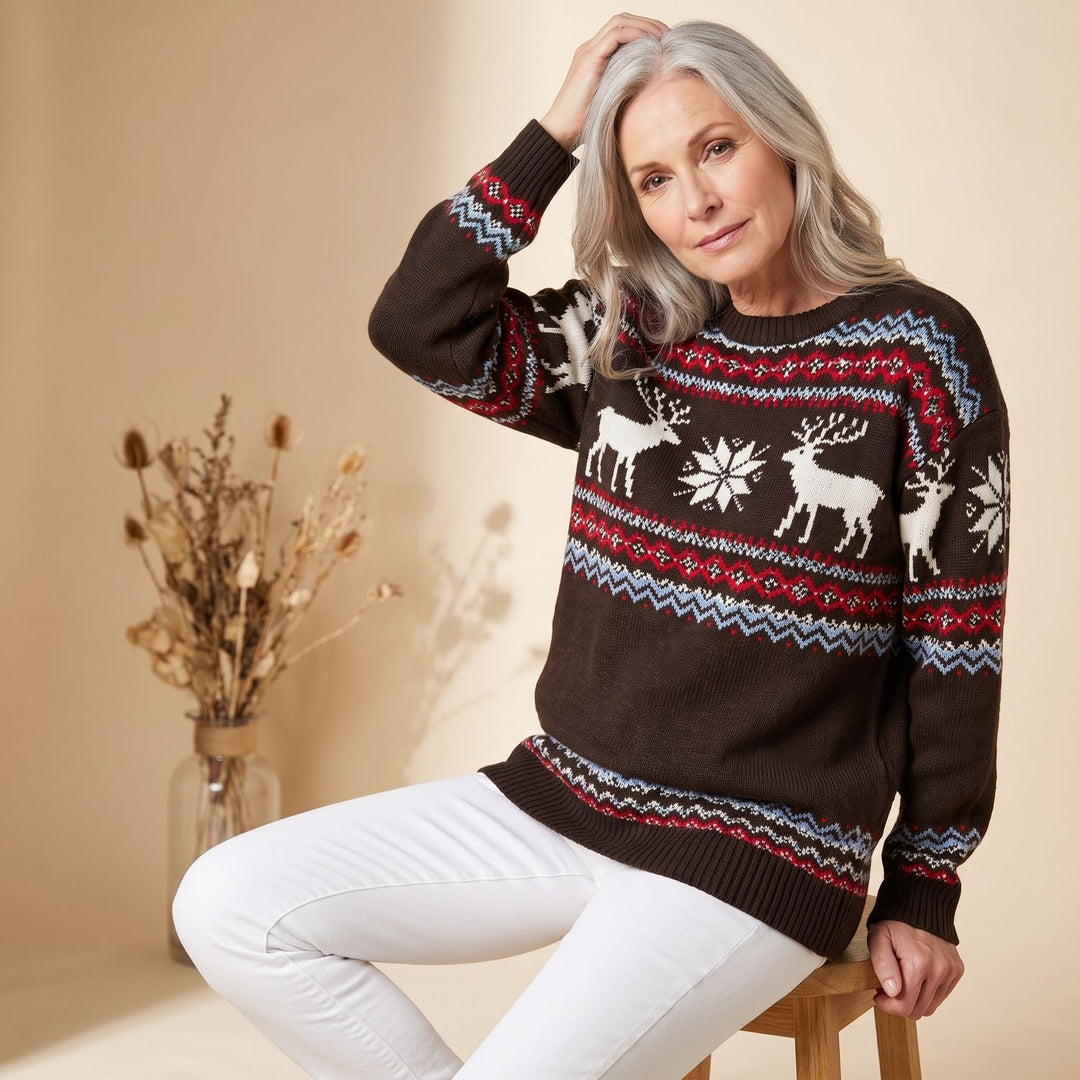 Dames Oversized Kersttrui met Rendier en Sneeuwvlok Patroon - Bruin