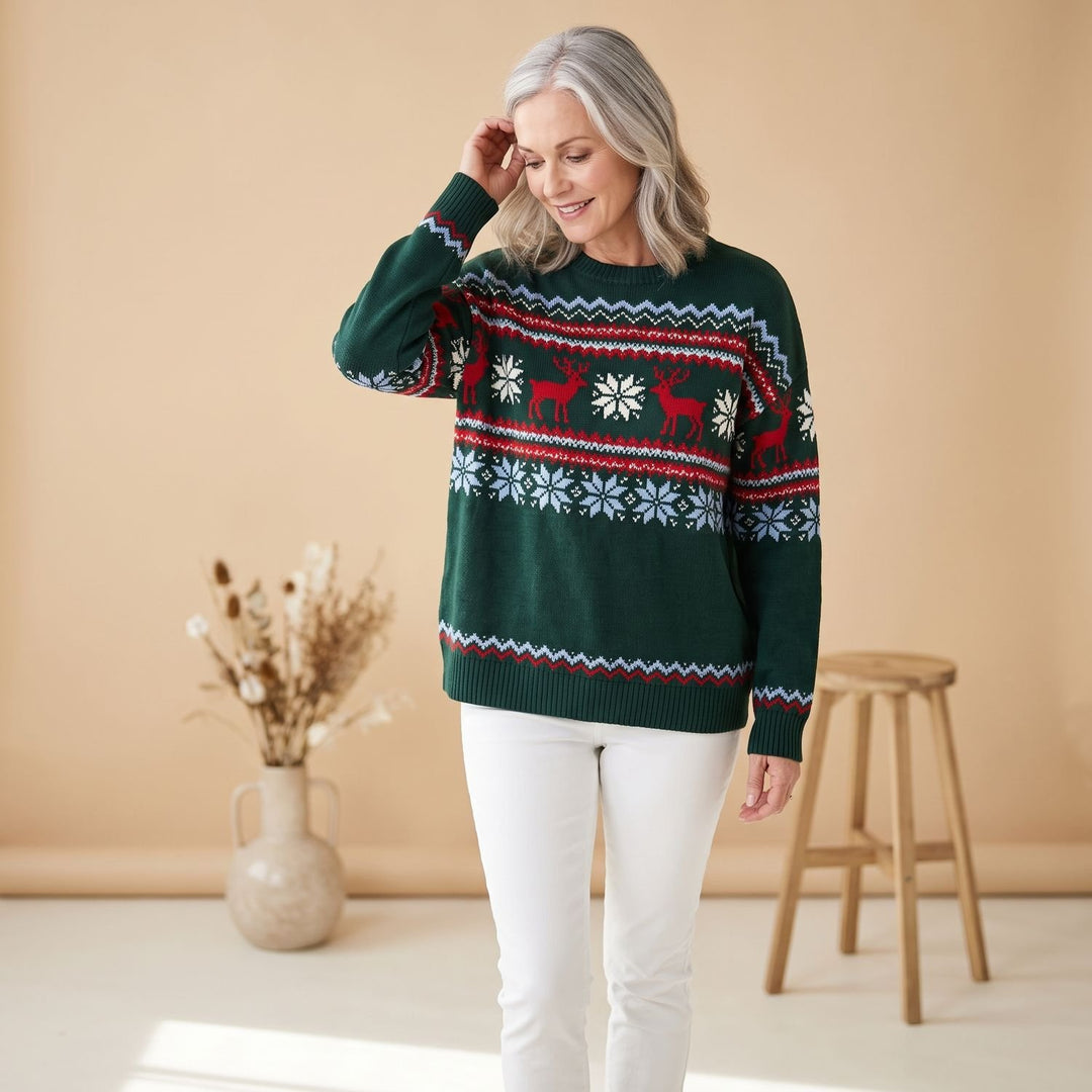 Dames Oversized Kersttrui met Rendier en Sneeuwvlok Patroon - Groen