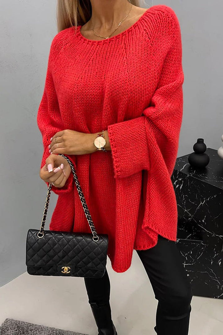 Dames Oversized Knit Sweater Ronde Hals Vleermouwen - Rood