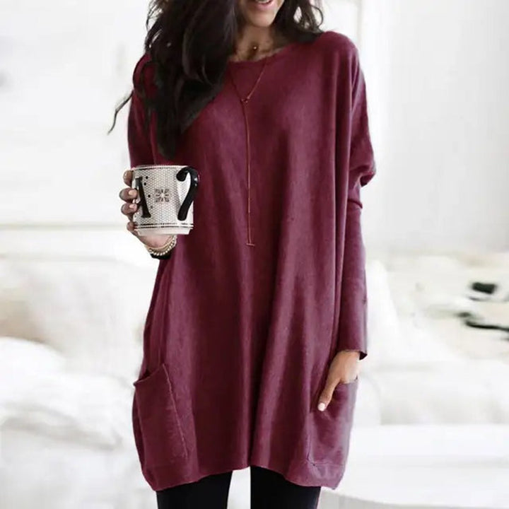 Dames Oversized Langarm Tunic met Zakken Ronde Hals