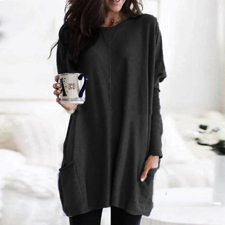 Dames Oversized Langarm Tunic met Zakken Ronde Hals - Schwarz