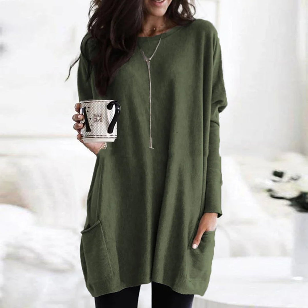Dames Oversized Langarm Tunic met Zakken Ronde Hals - Olivgrün