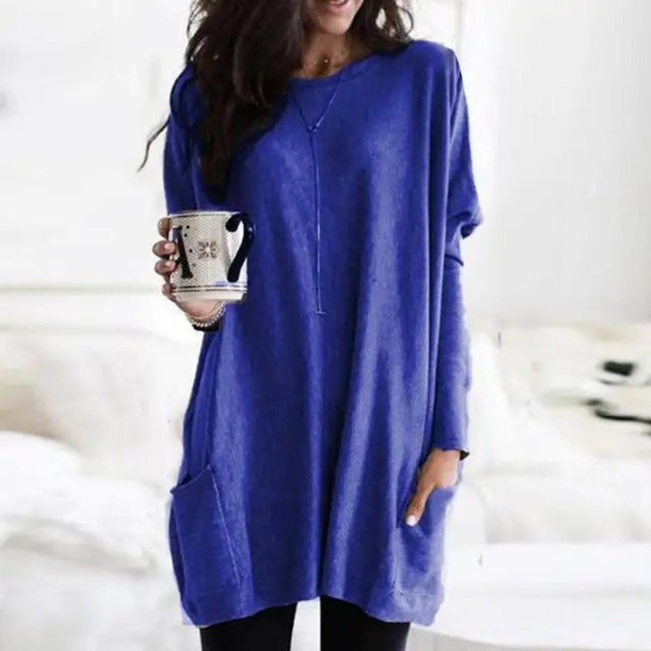 Dames Oversized Langarm Tunic met Zakken Ronde Hals