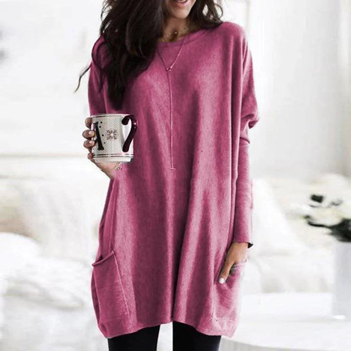 Dames Oversized Langarm Tunic met Zakken Ronde Hals - Rosa