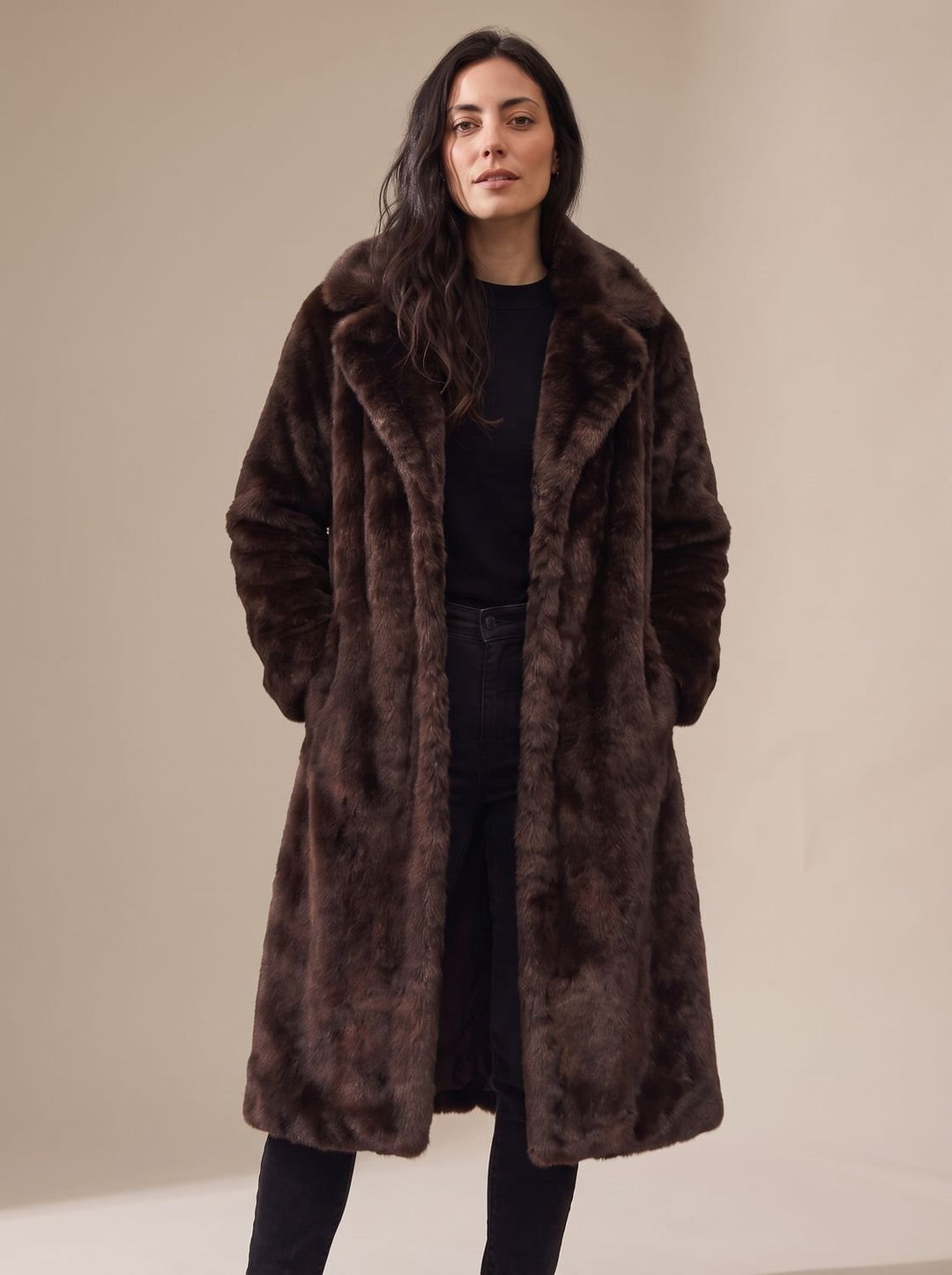 Dames Oversized Lange Imitatiebont Jas met Steekzakken - Bruin
