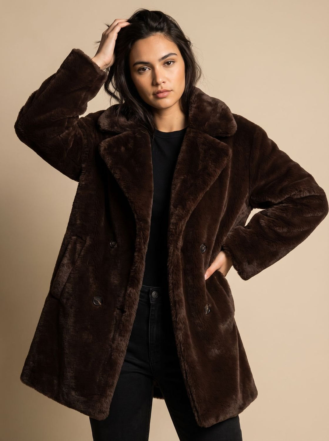 Dames Oversized Lange Imitatiebont Jas met Steekzakken