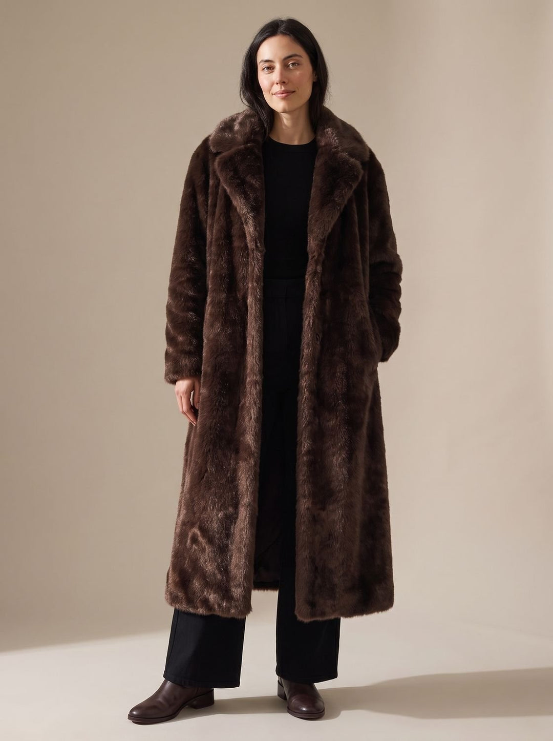 Dames Oversized Lange Imitatiebont Jas met Steekzakken