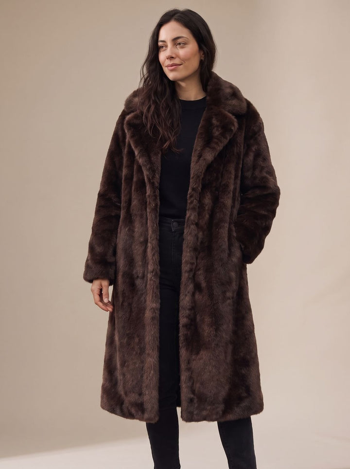 Dames Oversized Lange Imitatiebont Jas met Steekzakken