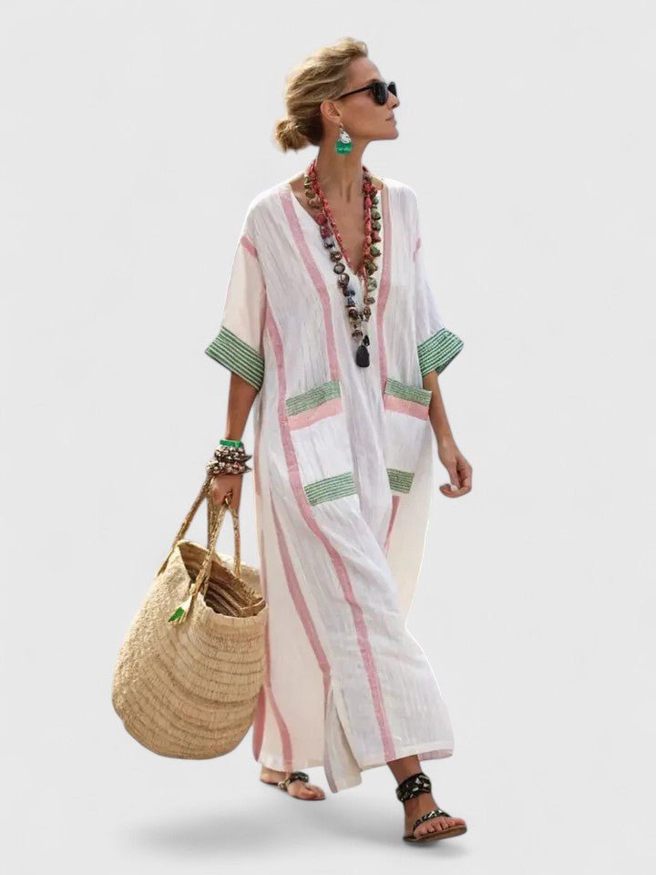 Dames Oversized Linnen Boho Maxi-jurk V-hals Streepdetail - White