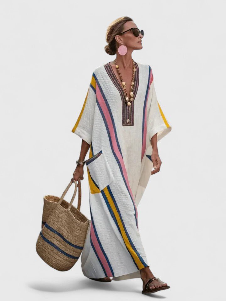 Dames Oversized Linnen Boho Maxi-jurk V-hals Streepdetail - White 2