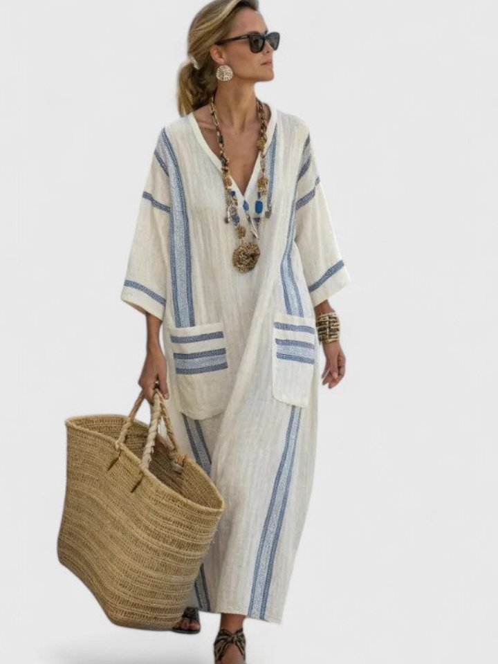 Dames Oversized Linnen Boho Maxi-jurk V-hals Streepdetail - White 3