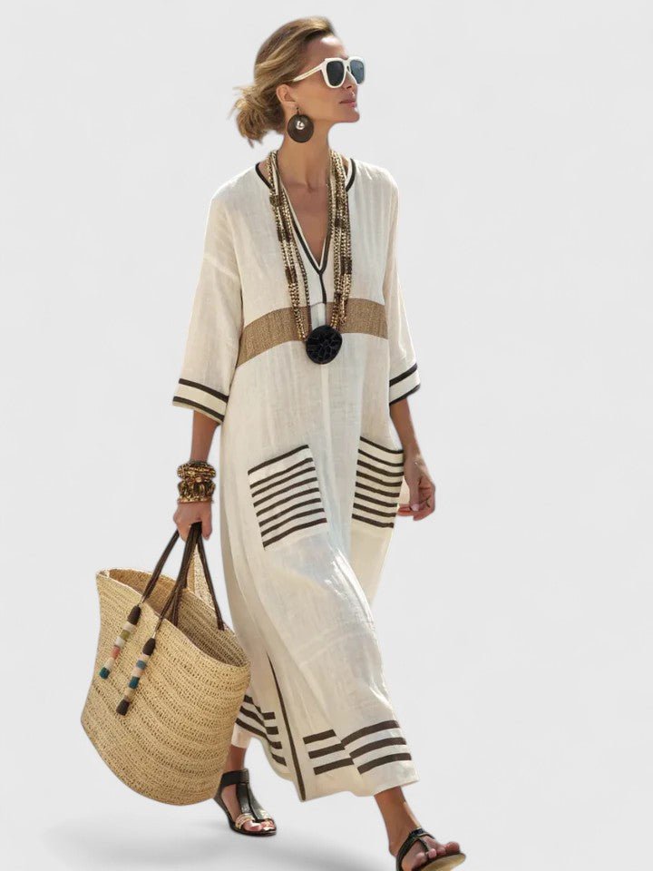 Dames Oversized Linnen Boho Maxi-jurk V-hals Streepdetail - Beige