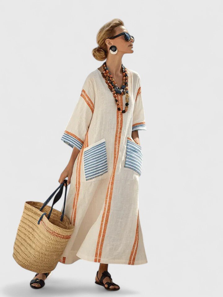 Dames Oversized Linnen Boho Maxi-jurk V-hals Streepdetail - Beige 2