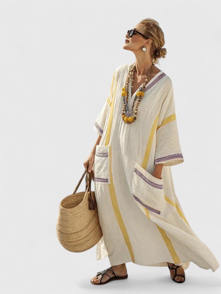 Dames Oversized Linnen Boho Maxi-jurk V-hals Streepdetail - Beige 3