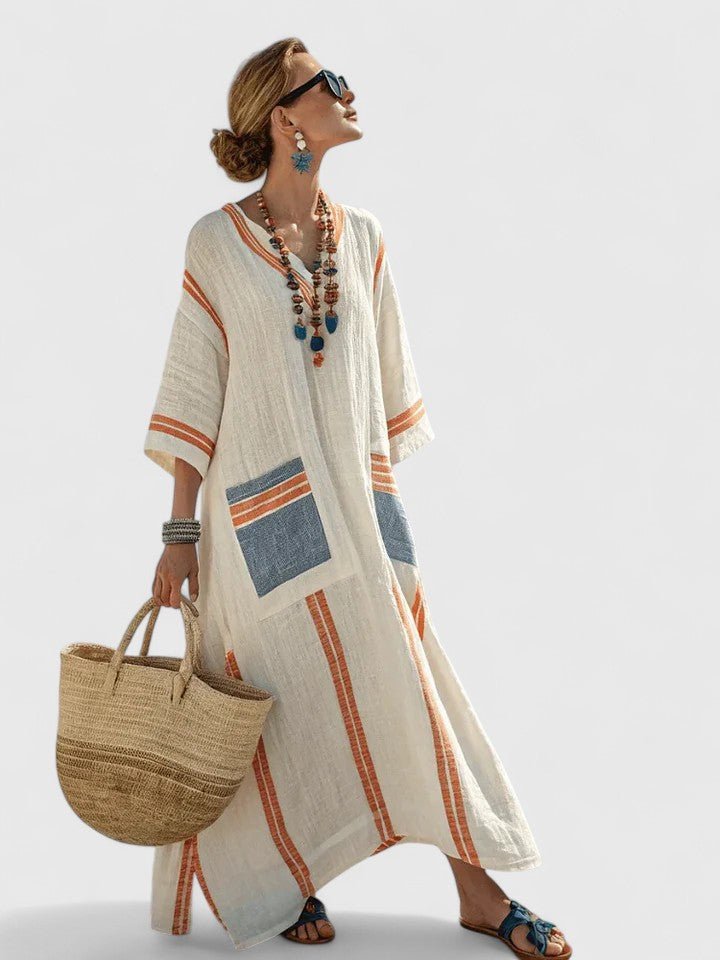 Dames Oversized Linnen Boho Maxi-jurk V-hals Streepdetail - Beige 4