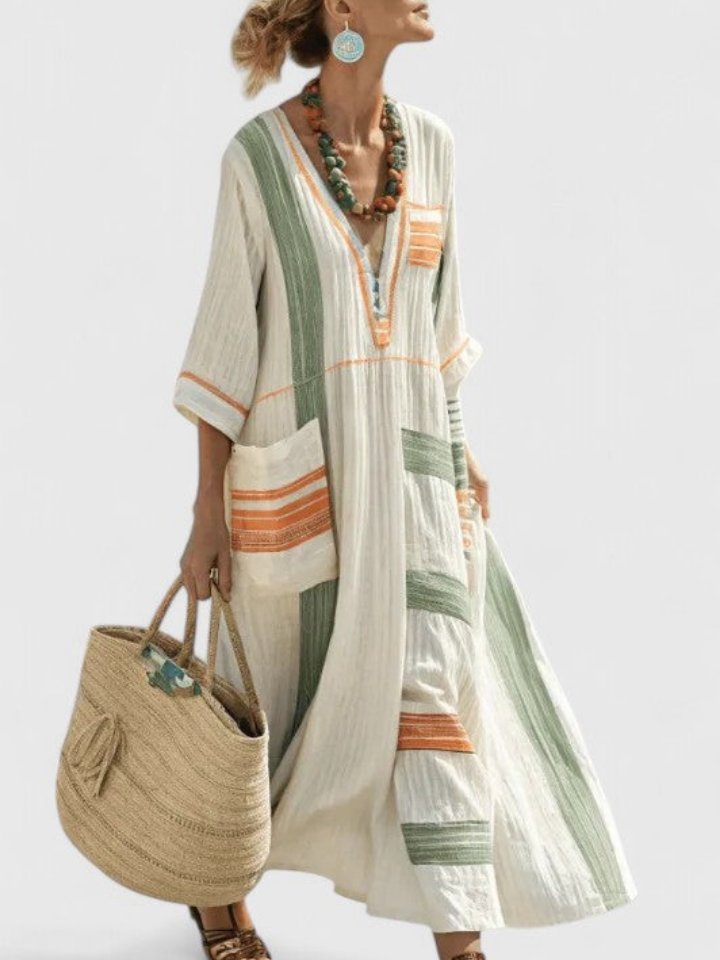 Dames Oversized Linnen Boho Maxi-jurk V-hals Streepdetail - Beige 5