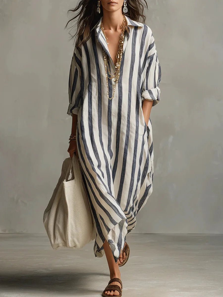 Dames Oversized Linnen Maxi Jurk Gestreept - Blue