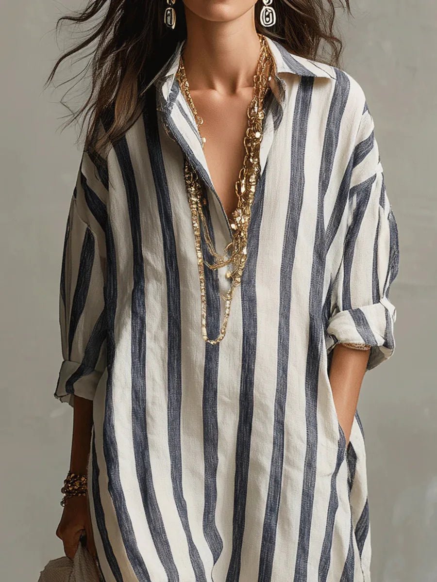 Dames Oversized Linnen Maxi Jurk Gestreept