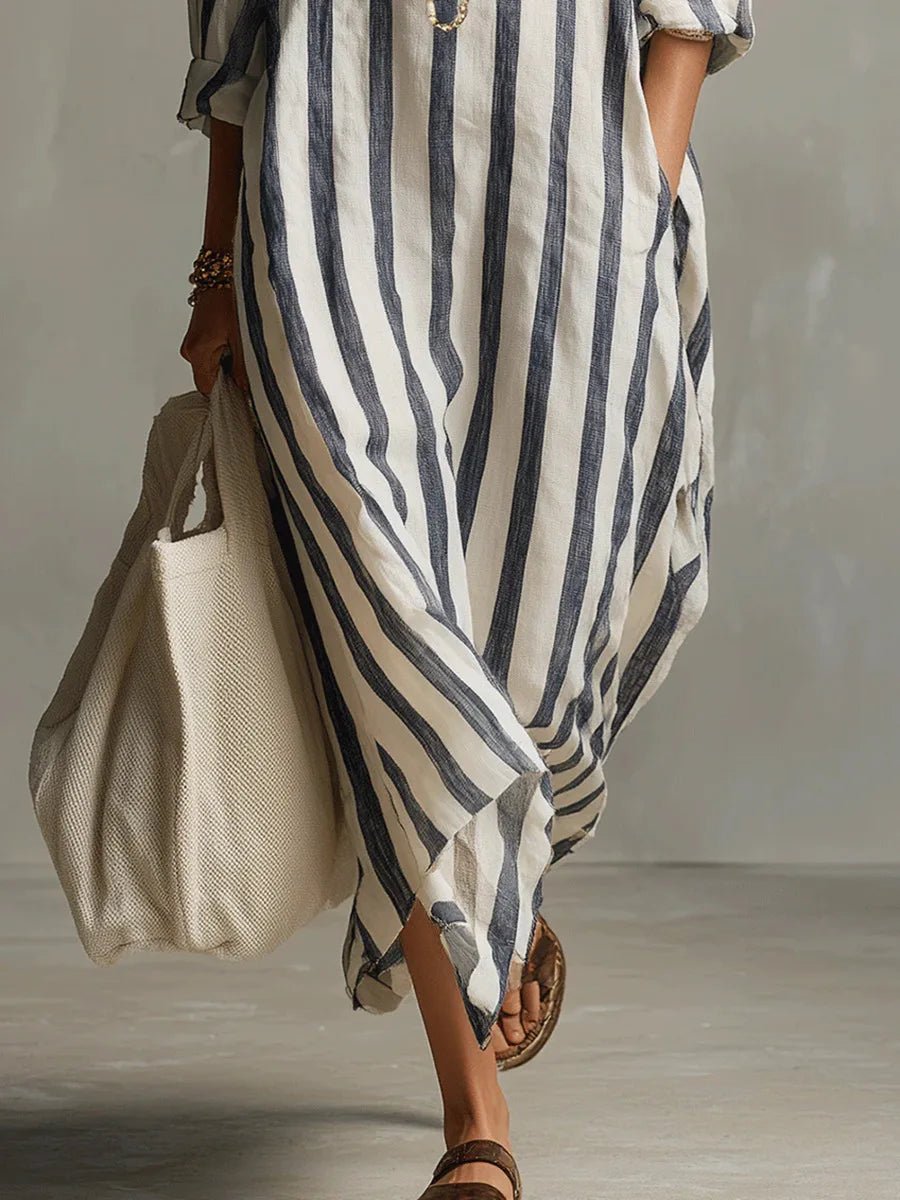 Dames Oversized Linnen Maxi Jurk Gestreept