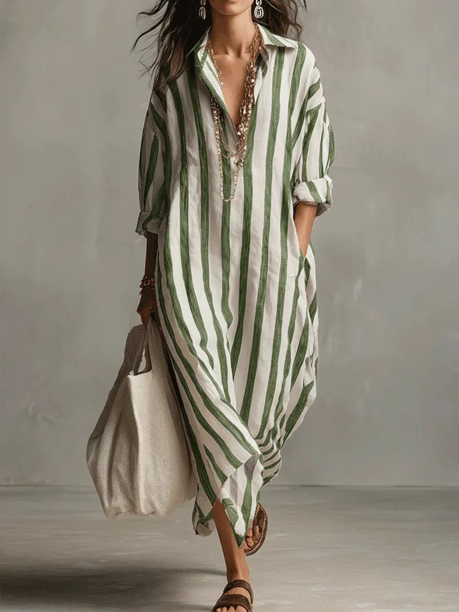 Dames Oversized Linnen Maxi Jurk Gestreept - Green
