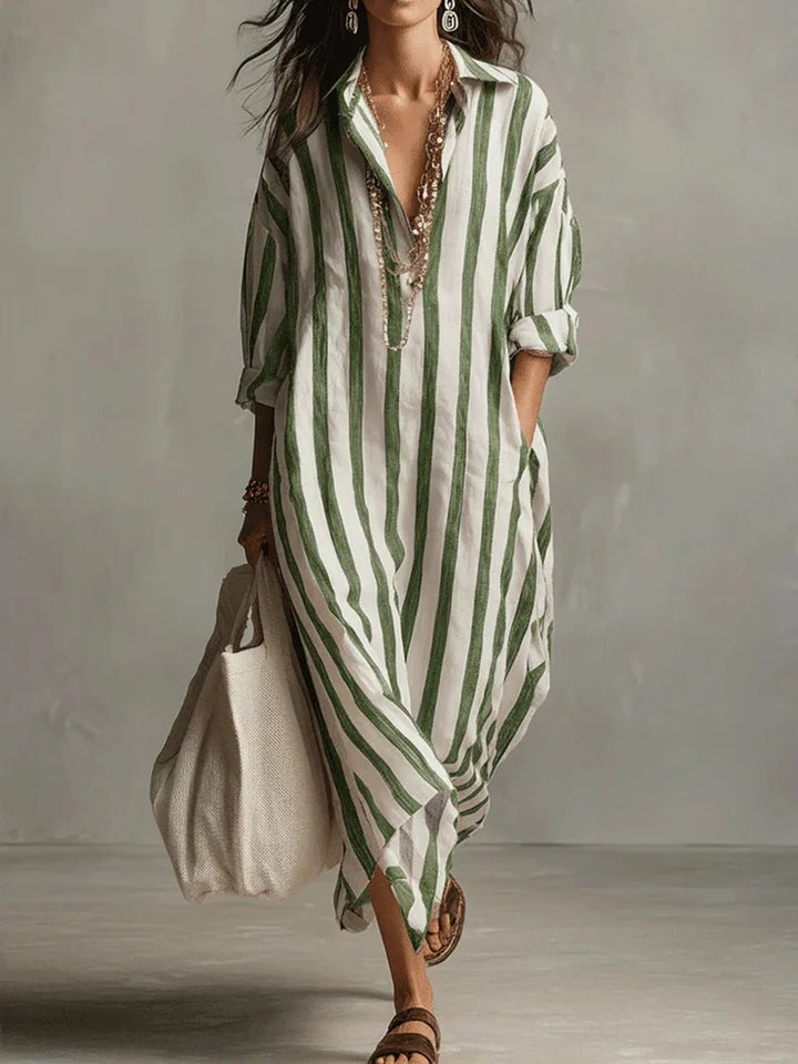 Dames Oversized Linnen Maxi Jurk Gestreept - Green