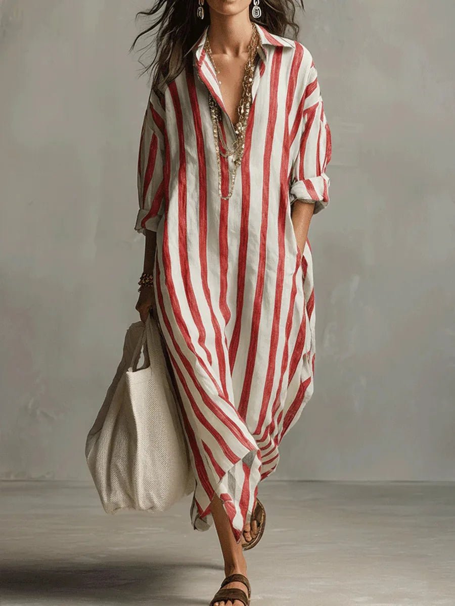 Dames Oversized Linnen Maxi Jurk Gestreept - Red
