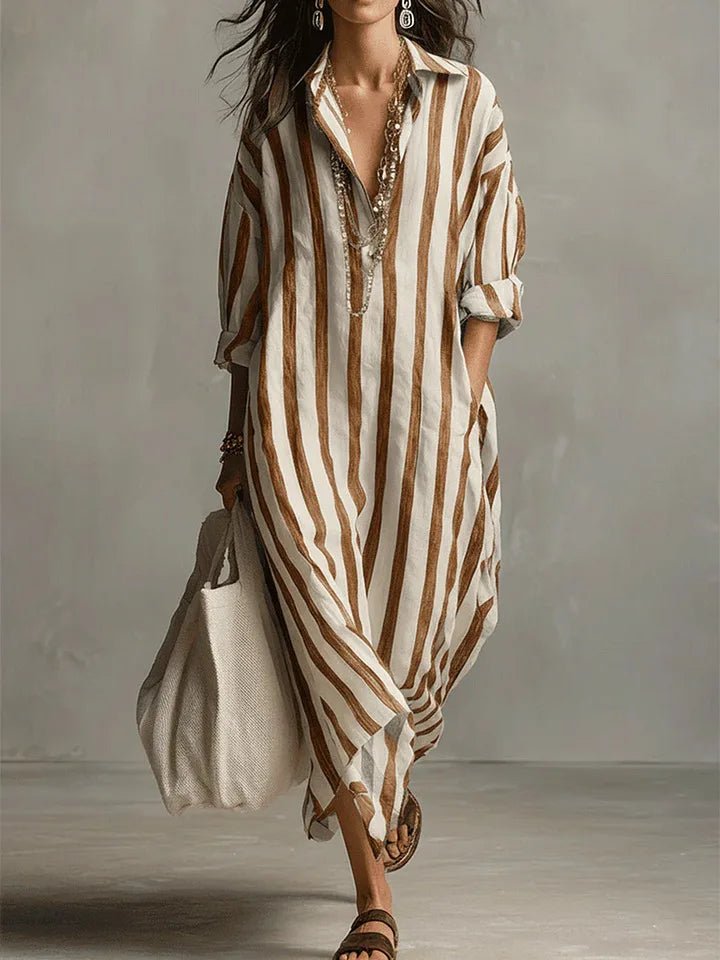 Dames Oversized Linnen Maxi Jurk Gestreept - Earthy Yellow