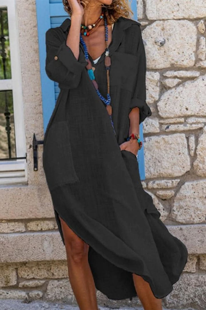 Dames Oversized Linnen Midi Evening Gown Zomerjurk - Black