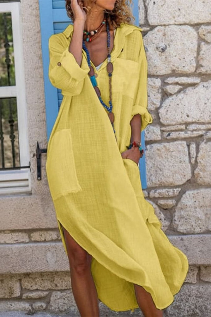 Dames Oversized Linnen Midi Evening Gown Zomerjurk - Yellow