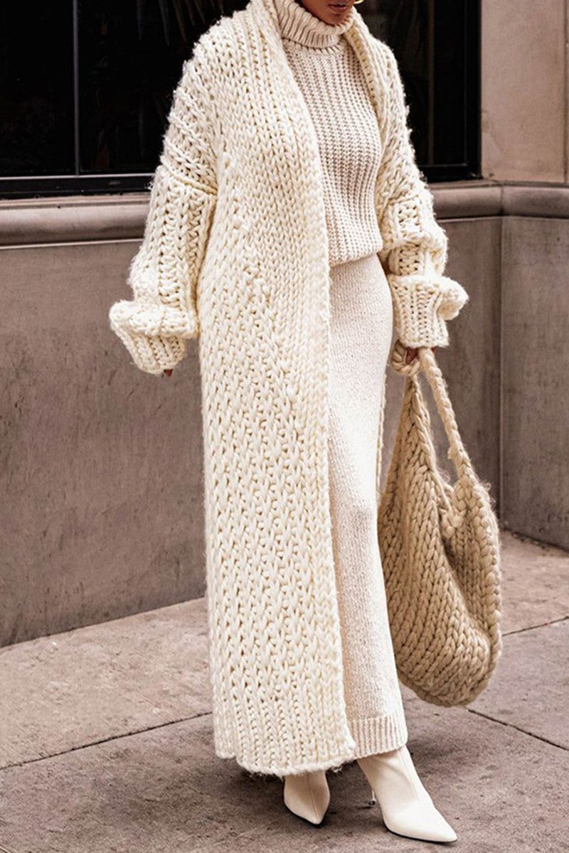 Dames Oversized Longline Opengewerkte Chunky Knit Cardigan - Beige