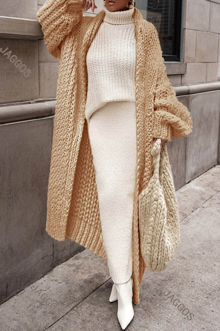 Dames Oversized Longline Opengewerkte Chunky Knit Cardigan - Brown