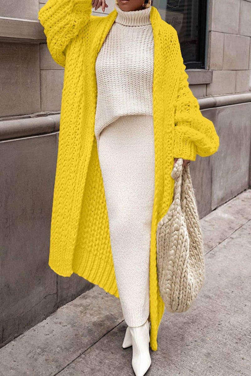 Dames Oversized Longline Opengewerkte Chunky Knit Cardigan - Yellow