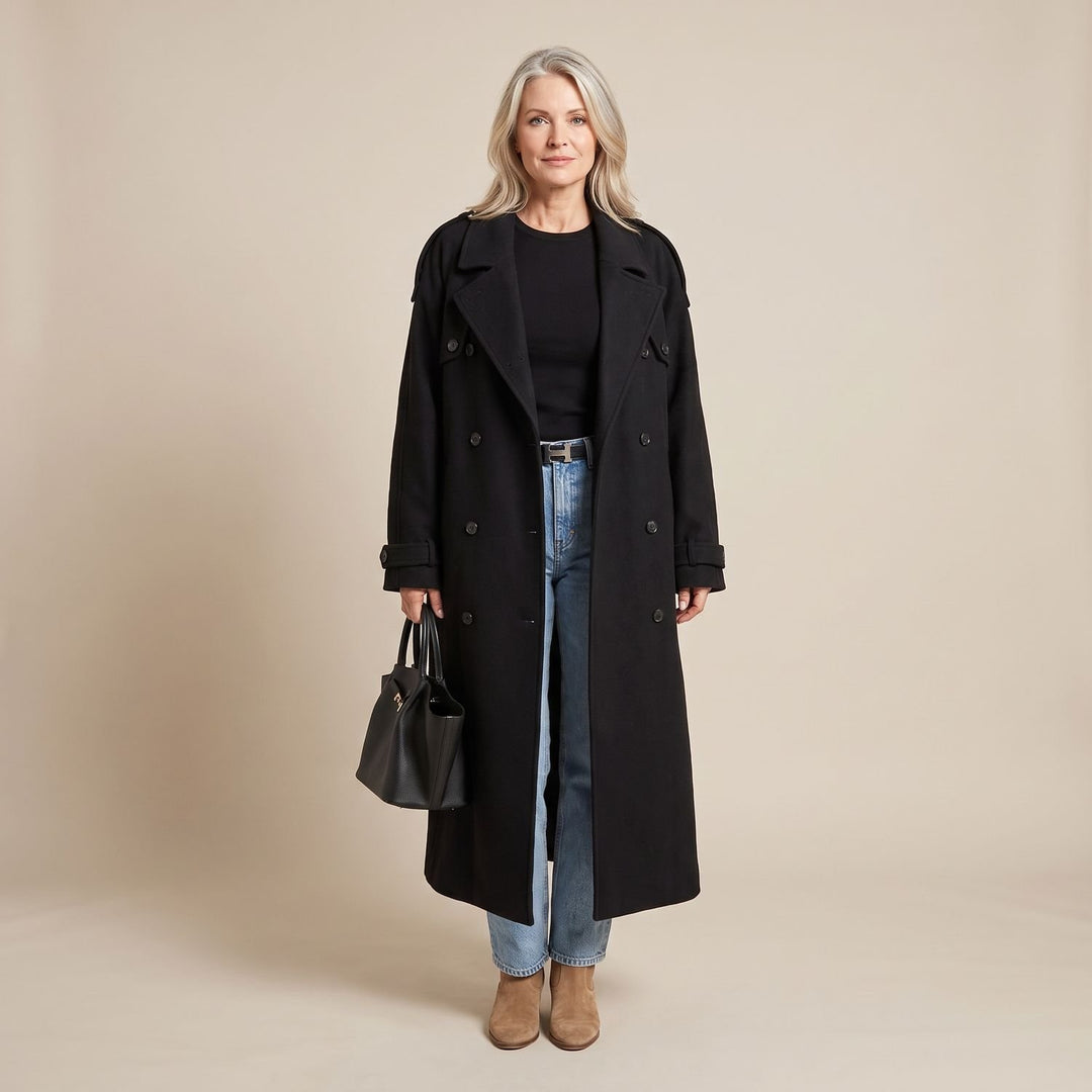 Dames Oversized Longline Wool Blend Winterjas Dubbelrijig - Zwart