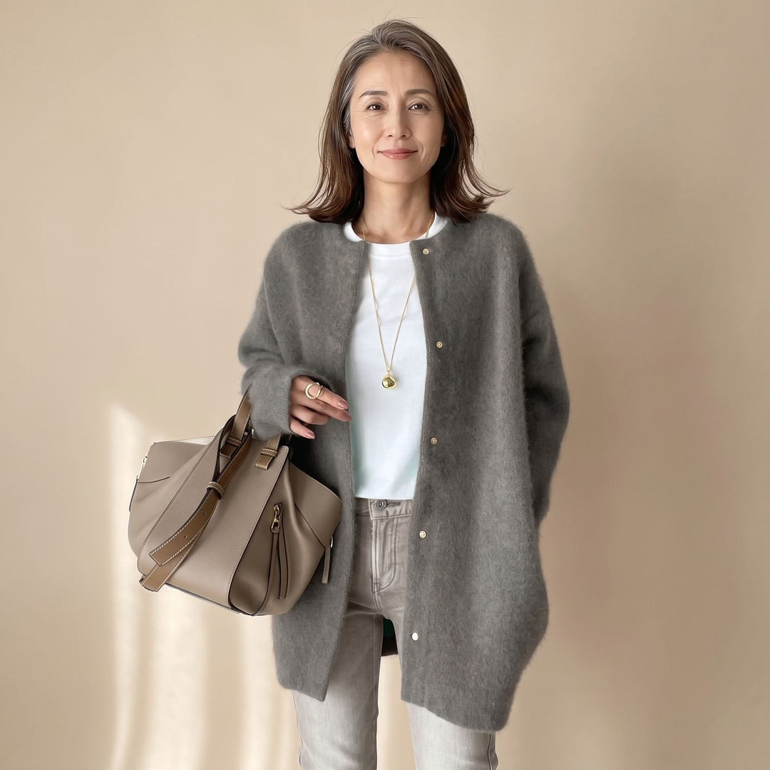 Dames Oversized Mohair Gebreide Cardigan met Drukknoopsluiting