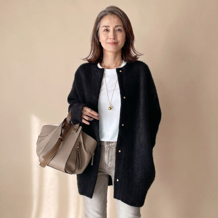 Dames Oversized Mohair Gebreide Cardigan met Drukknoopsluiting